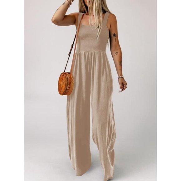 Women's Apricot One Piece Sleeveless Wide Leg Long Pant Rompers With Pockets - Picture 3 of 6